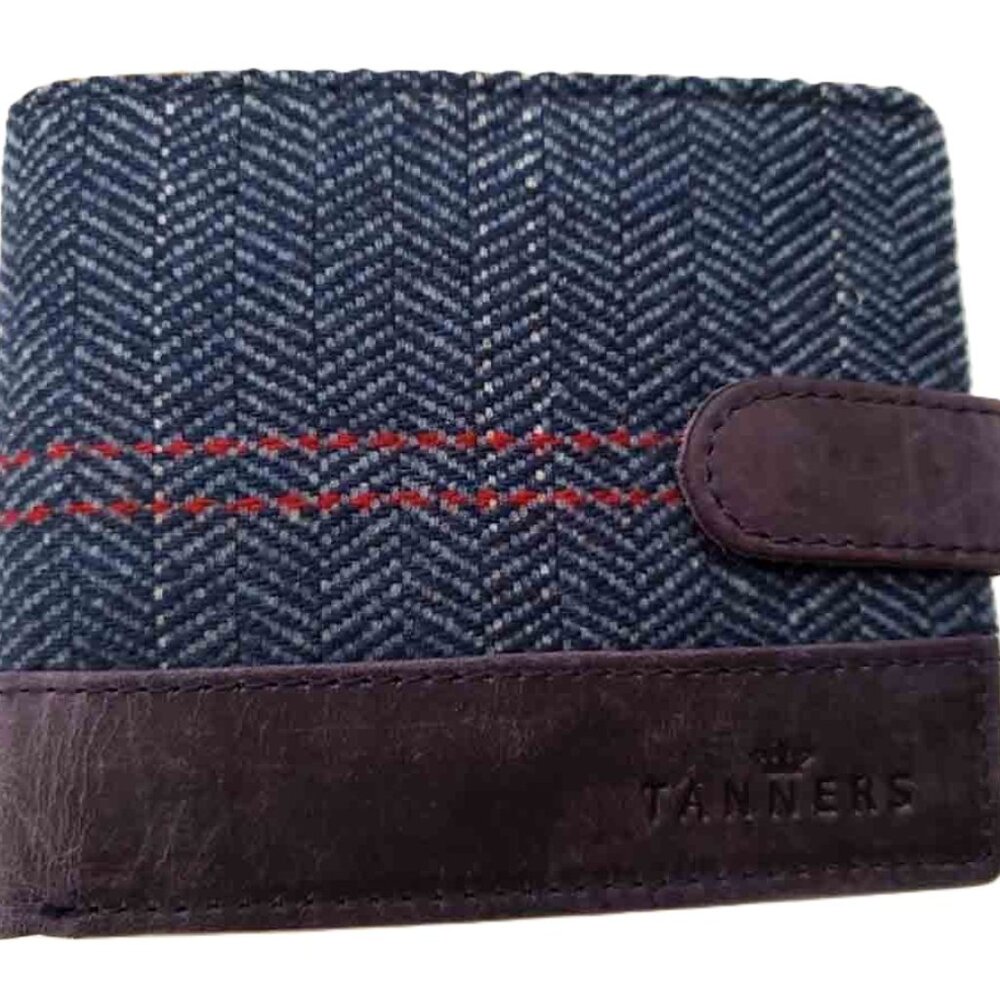 Tanners Herringbone Wool Tweed and Leather Bifold Wallet Blue Brown RFID Men's